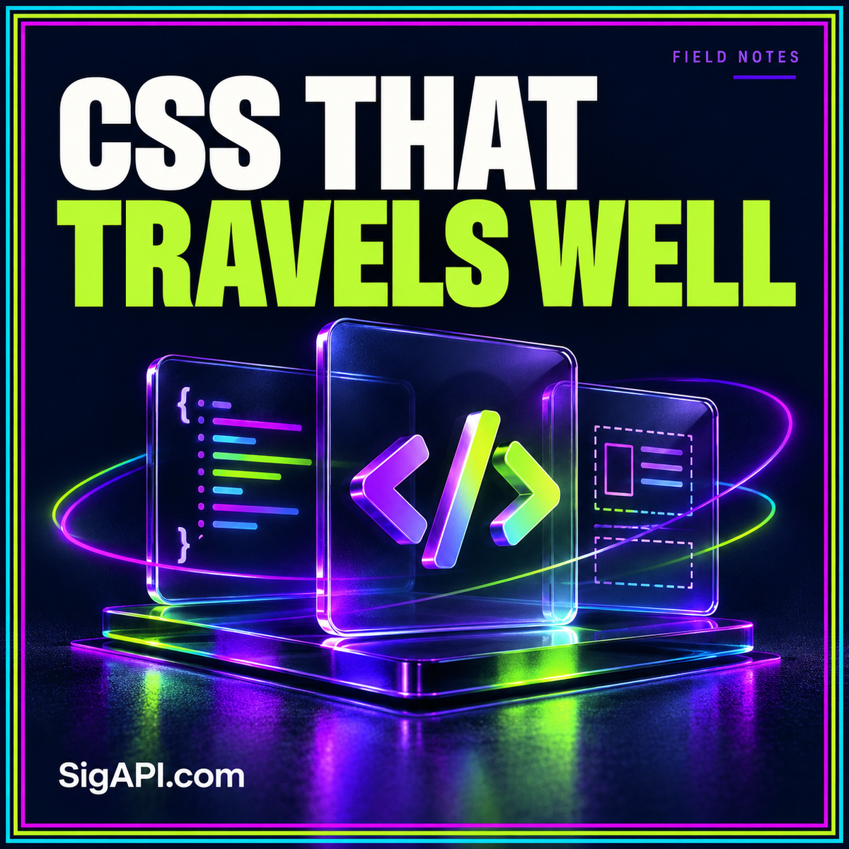 Keep CSS Simple: neon typography and code and display panels, with SigAPI.com branding.