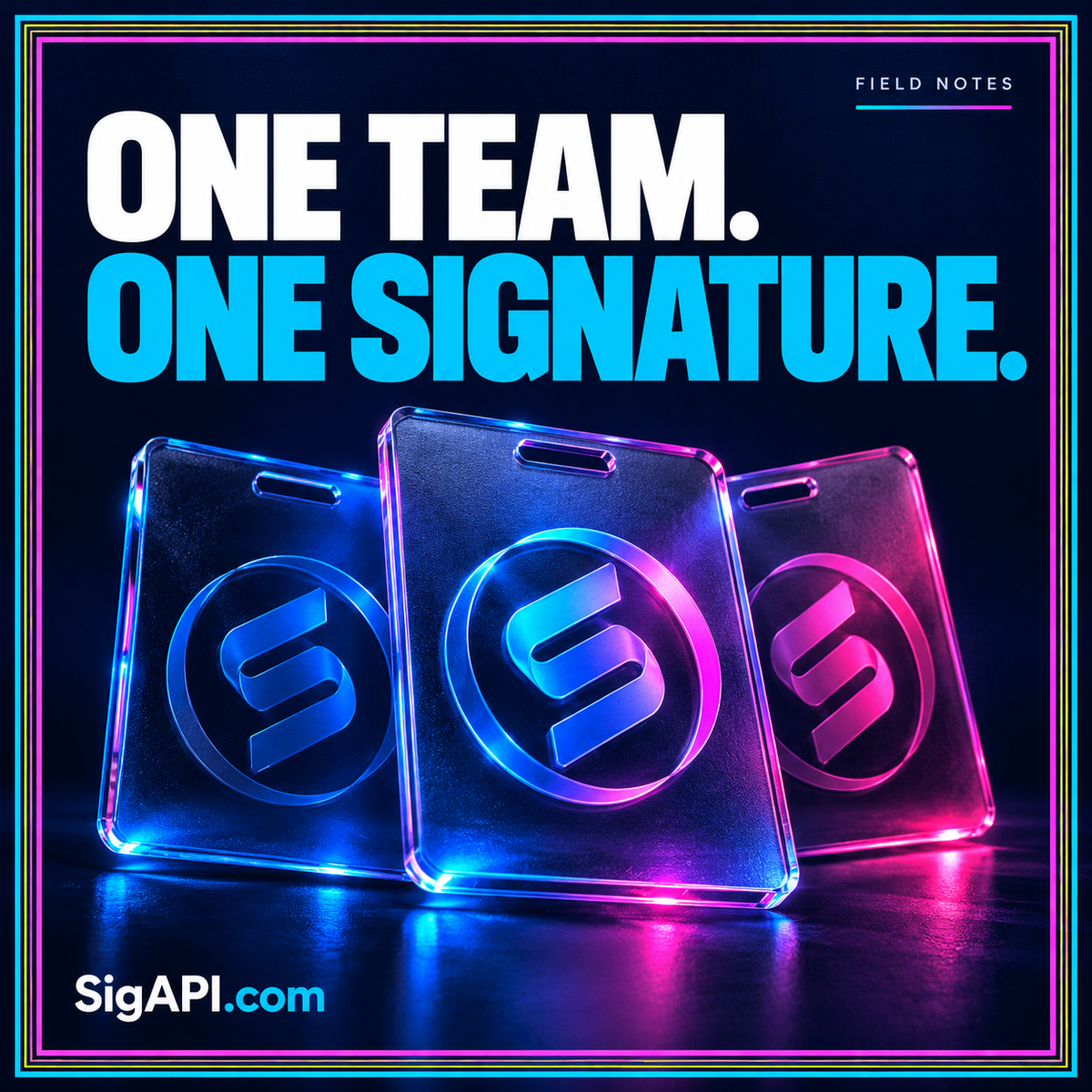 One team. Clear identity.: neon typography and three identity cards, with SigAPI.com branding.