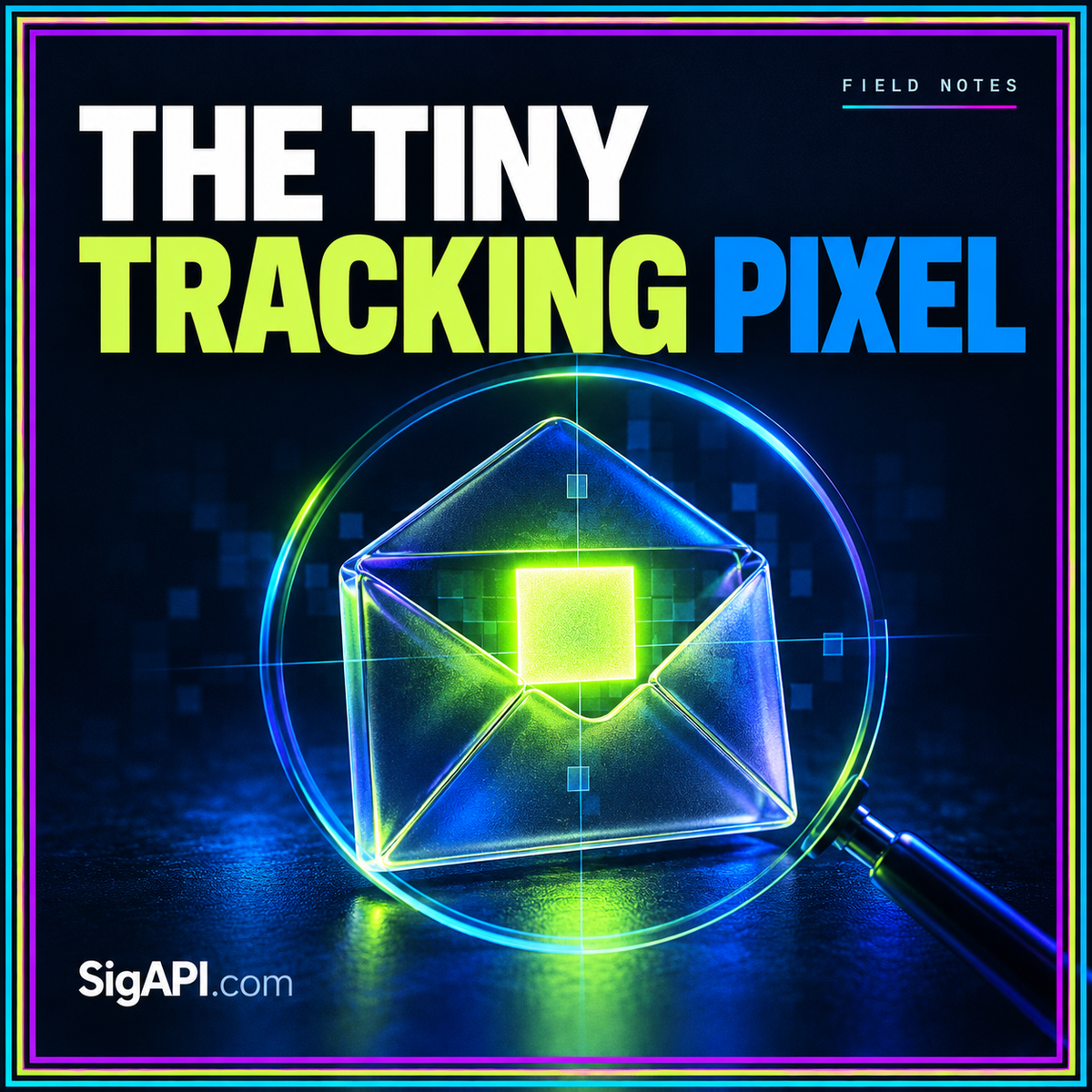 Inside the Pixel: neon typography and a glowing pixel in an envelope, with SigAPI.com branding.