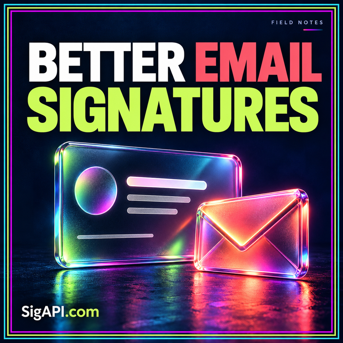 Small layout. Clear identity.: neon typography and a signature card and envelope, with SigAPI.com branding.
