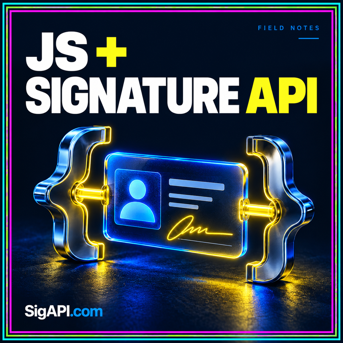 Integrate With Care: neon typography and an identity card between code braces, with SigAPI.com branding.