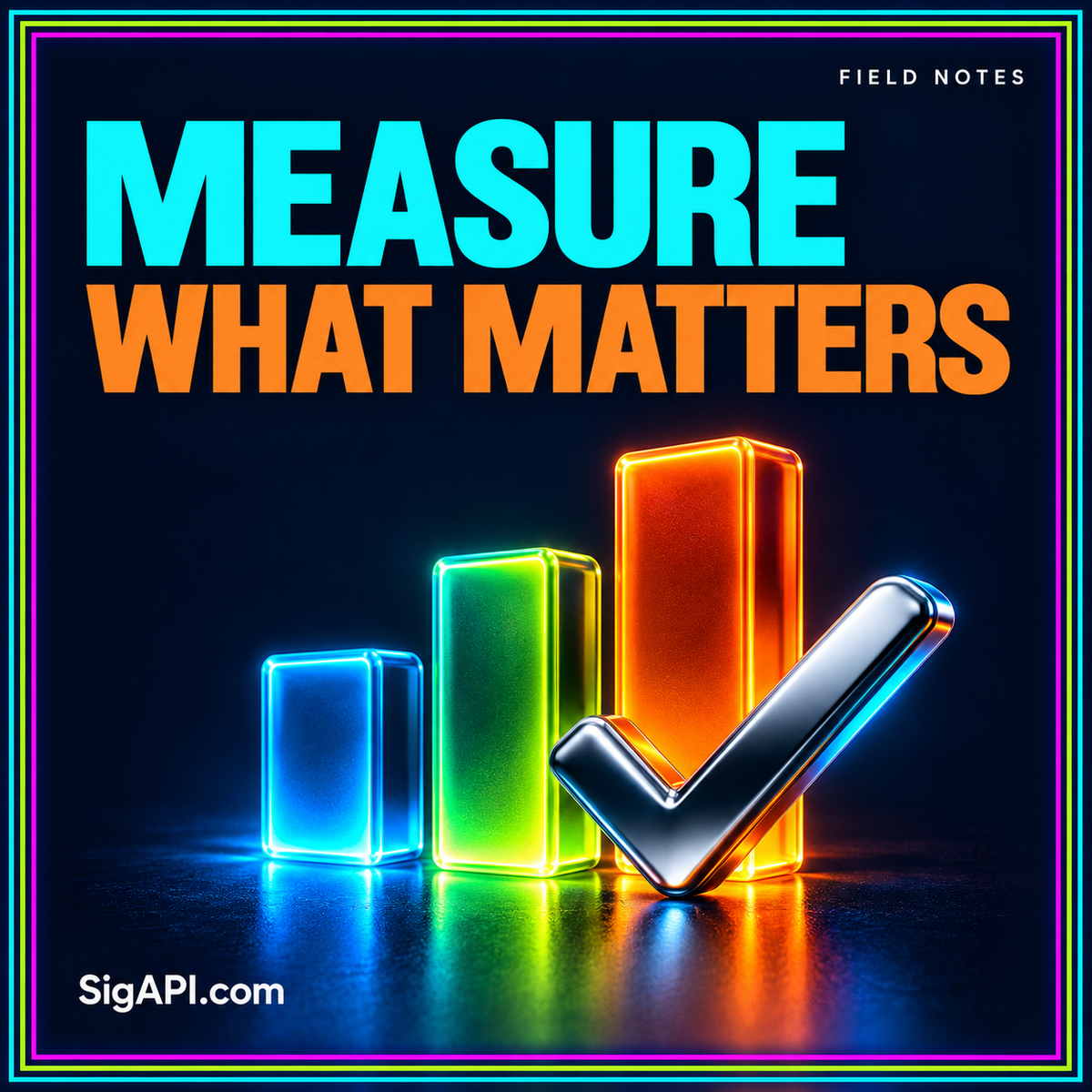 Measure What Matters: neon typography and signal bars and a check mark, with SigAPI.com branding.