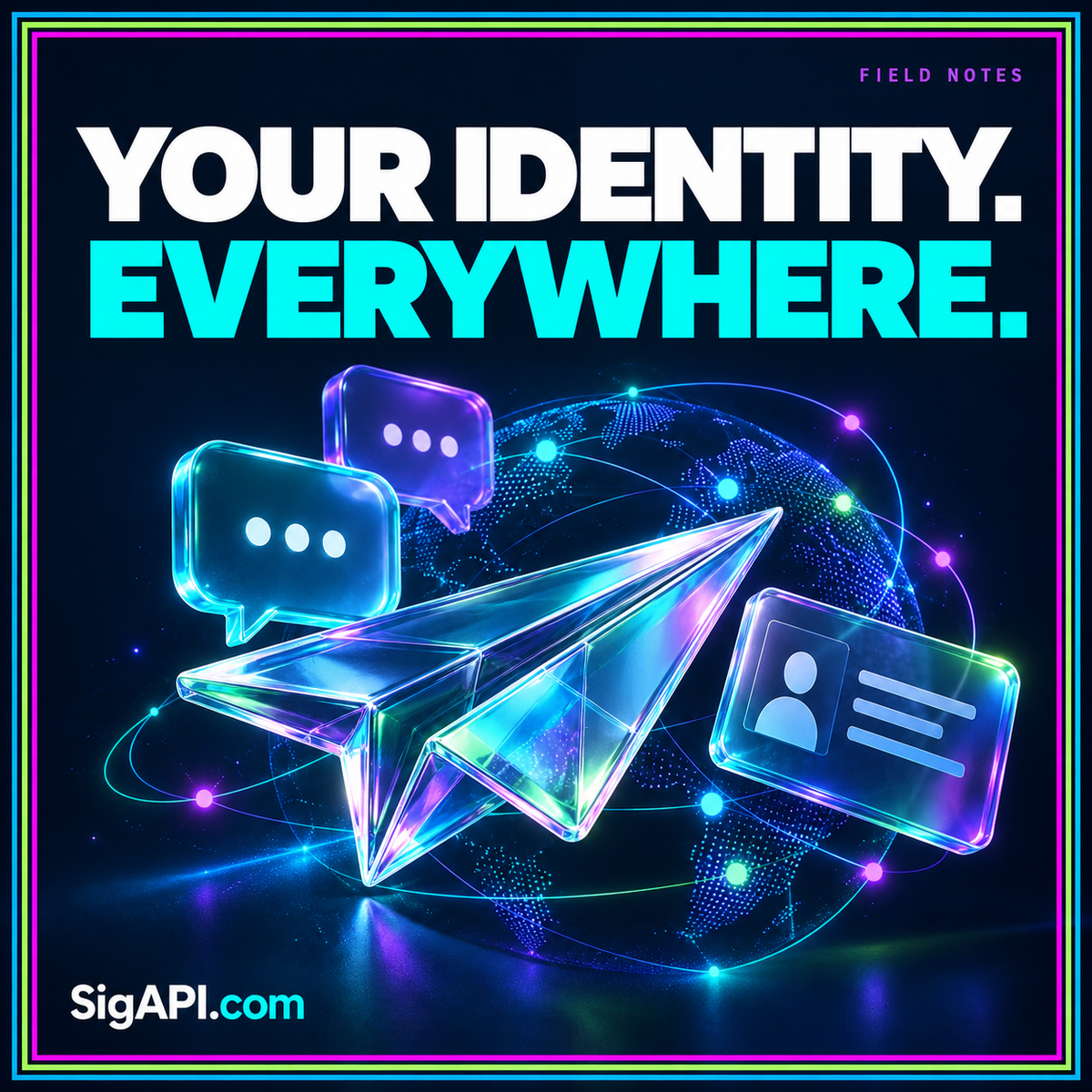 One Identity, Many Contexts: neon typography and a paper plane and chat bubbles, with SigAPI.com branding.